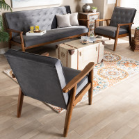 Baxton Studio BBT8013-Grey Velvet/Walnut-3PC Set Sorrento Mid-century Modern Grey Velvet Fabric Upholstered Walnut Finished 3-Piece Wooden Living Room Set